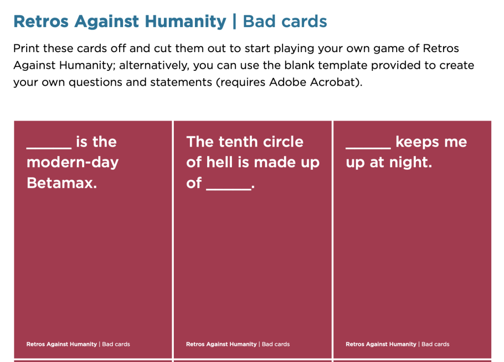 Screenshot of the retrospectives against humanity cards