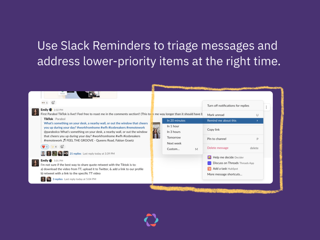 How to set up a reminder for a message in Slack