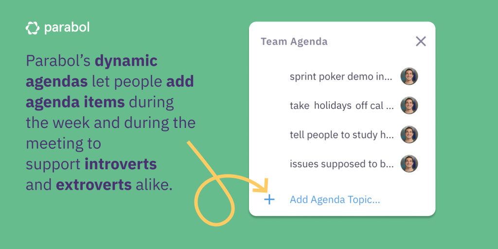 how to add agenda items during a parabol meeting to support introverts & extroverts