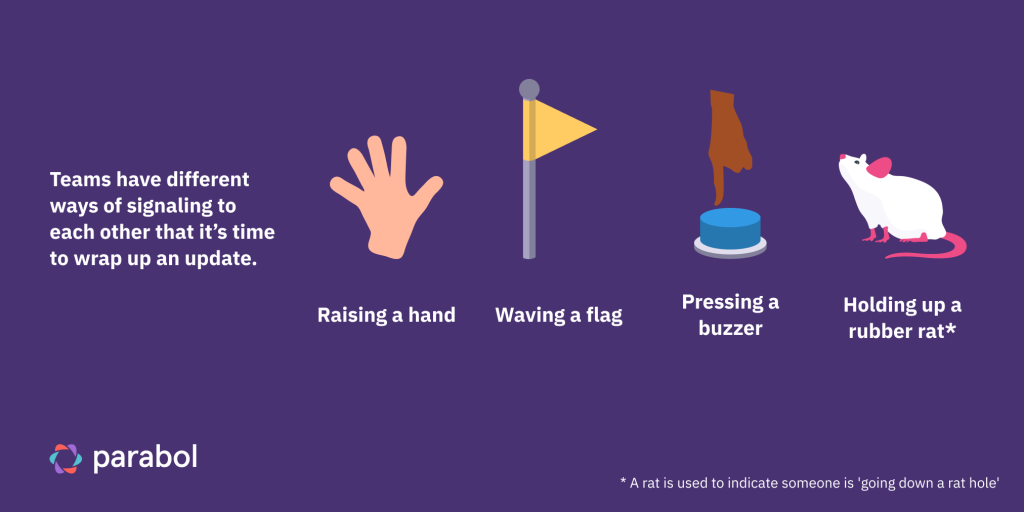 examples of how teams can signal to one another that it's time to wrap up: raise a hand, waive a flag, press a buzzer or hold up a rubber rat