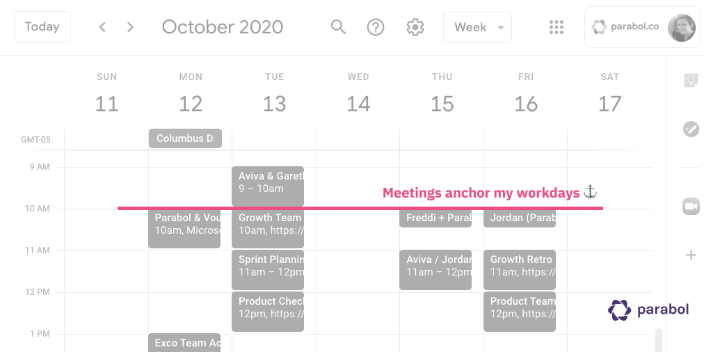 Use meetings to 'anchor' your day - start or end with them, every day 