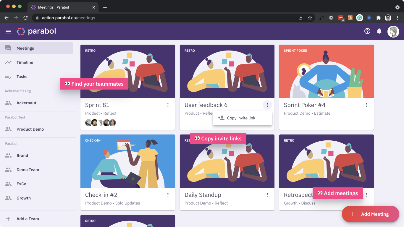 Preview of Parabol Meeting's View, including invite links and finding your teammates