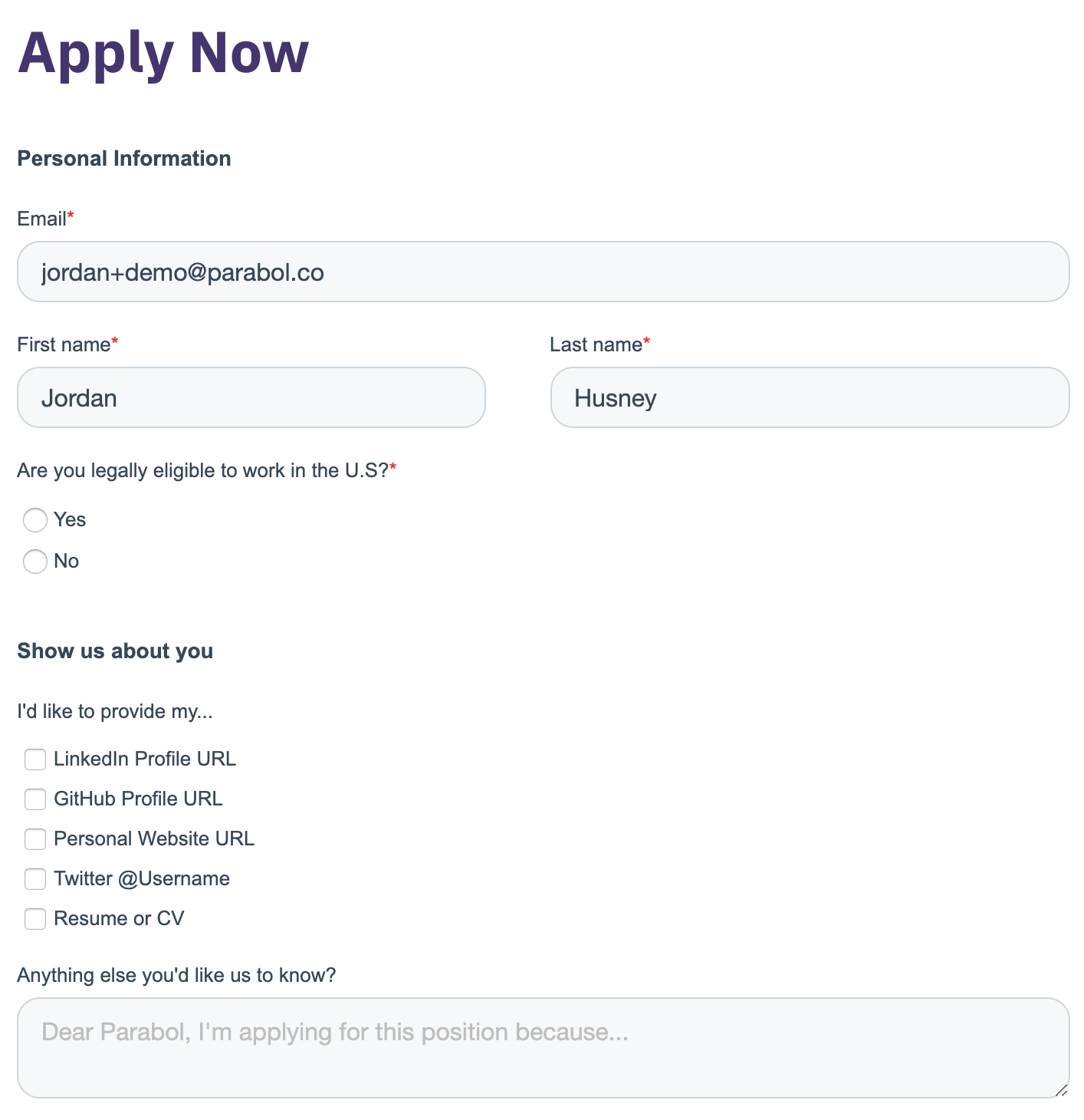 a streamlined employee job application form