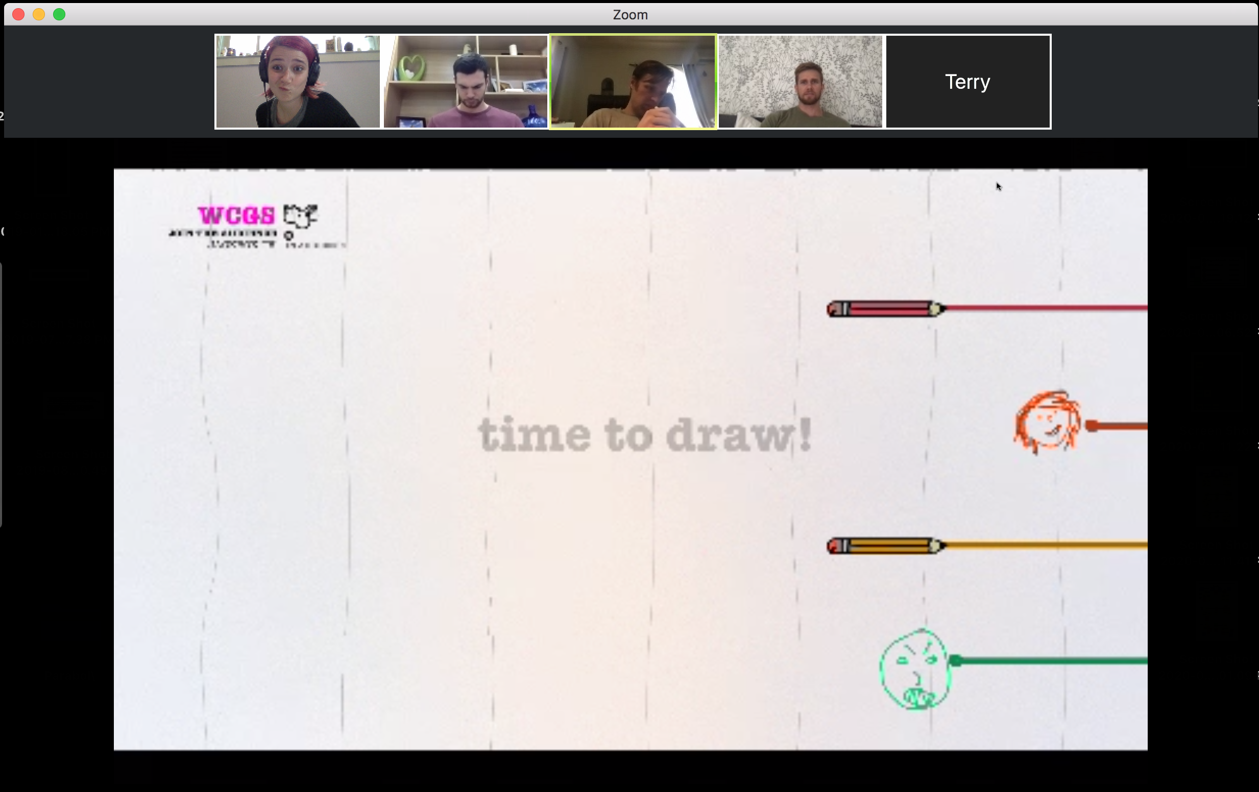 Remote team plays Jackbox game on video call. 