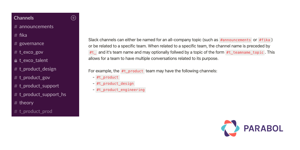 Slack channels at Parabol organized by team and topic. 