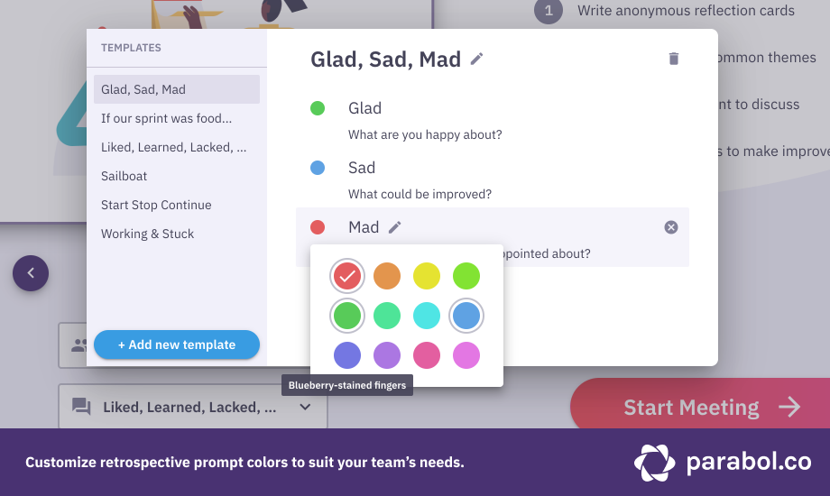 Parabol lets you customize colors for both built-in and custom retrospective formats. 