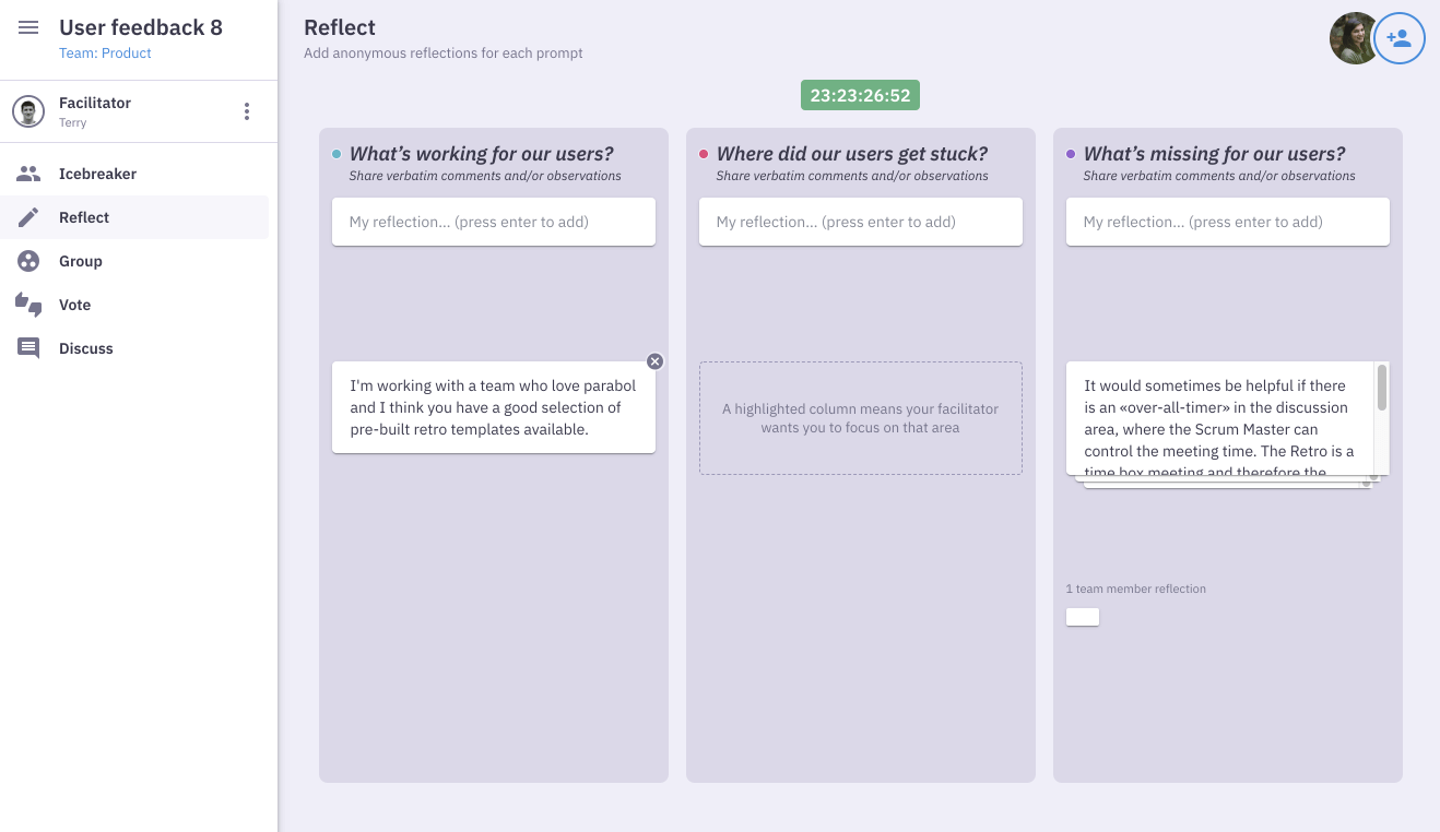 Screenshot of a user feedback retrospective