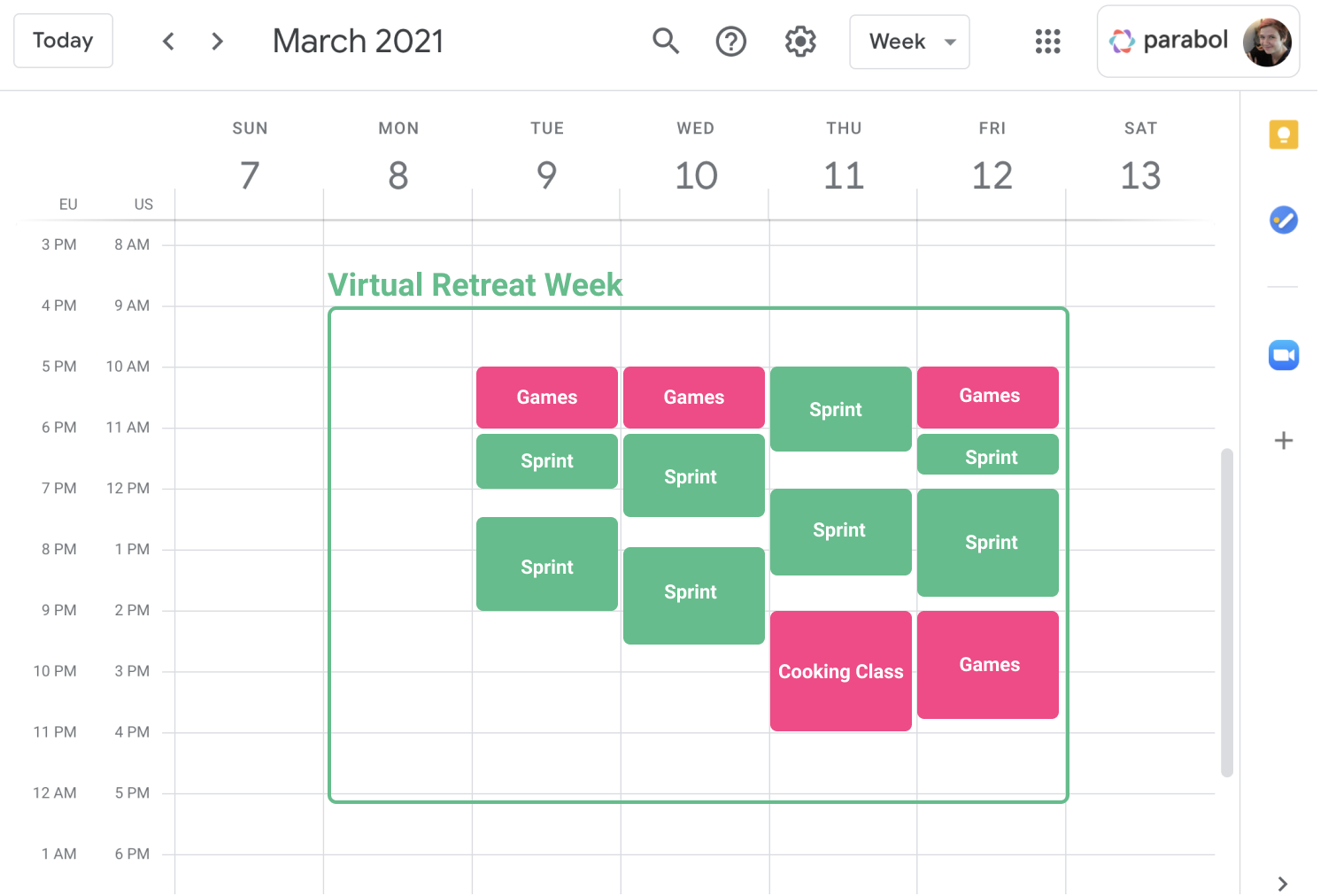 Parabol virtual retreat schedule: lots of breaks, limited time on video calls