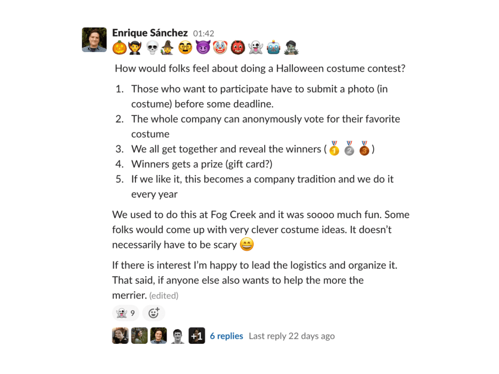 screenshot of a slack message announcing the Halloween costume contest