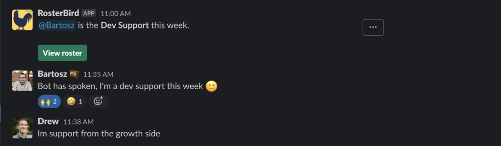 screenshot of Parabol's Slack of who is on support for the week