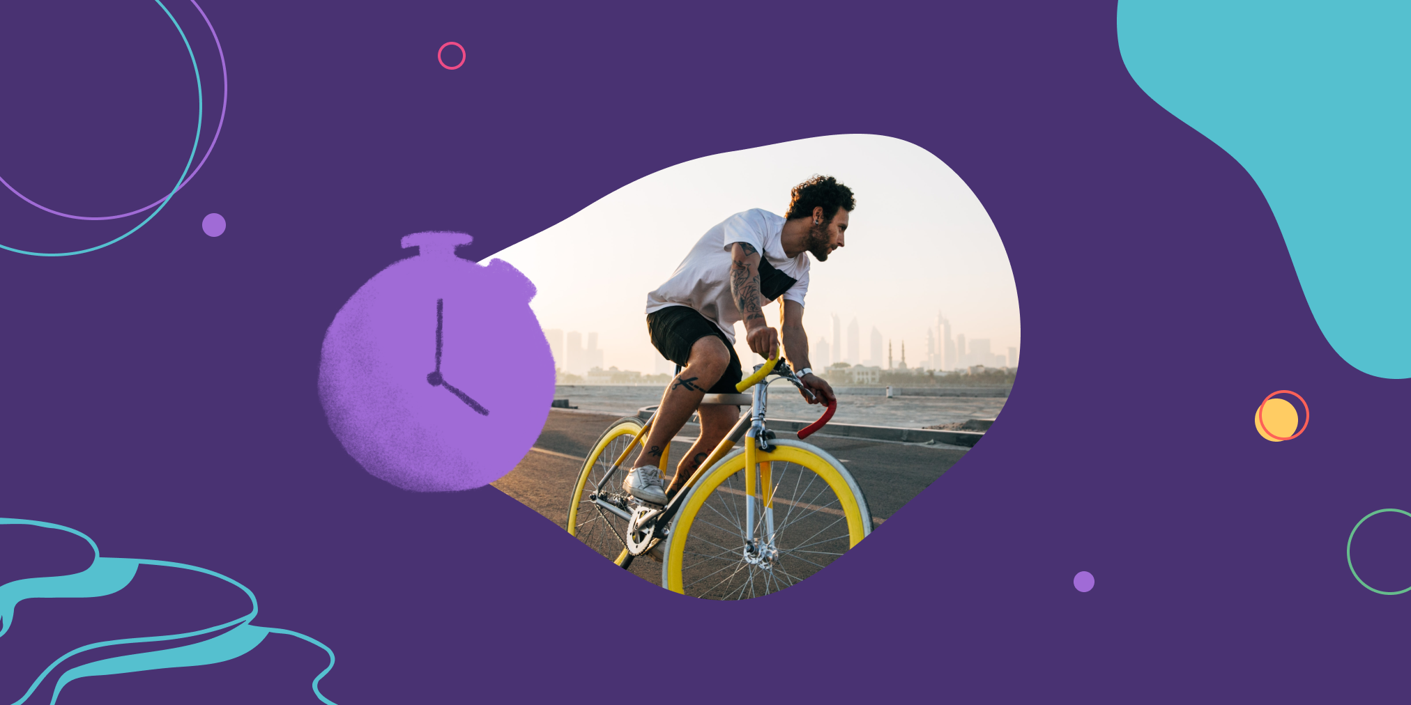 A young man rides a road bike and an illustration of a stopwatch is next to him