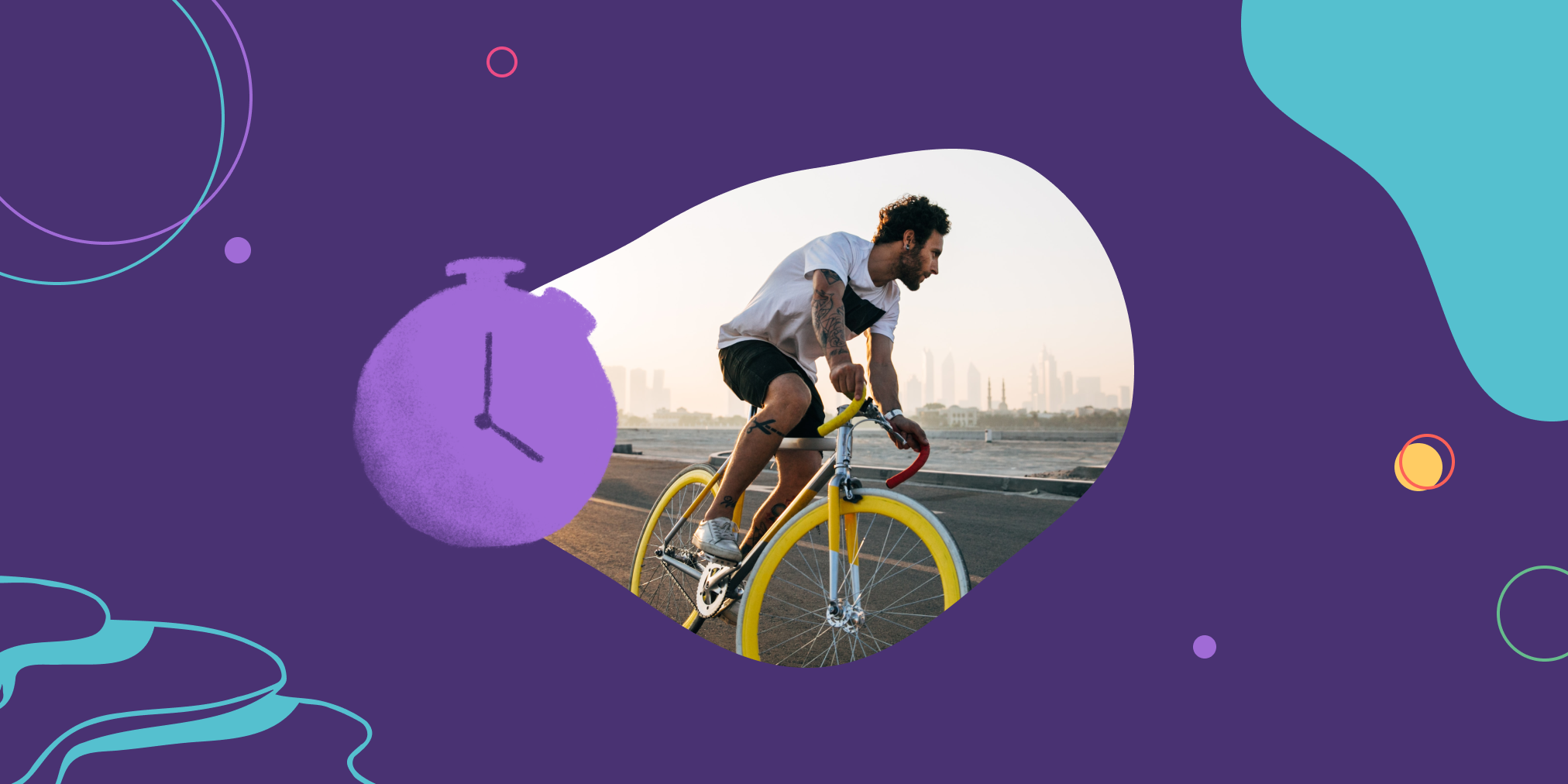 parabol-working-in-sprints A young man rides a road bike and an illustration of a stopwatch is next to him