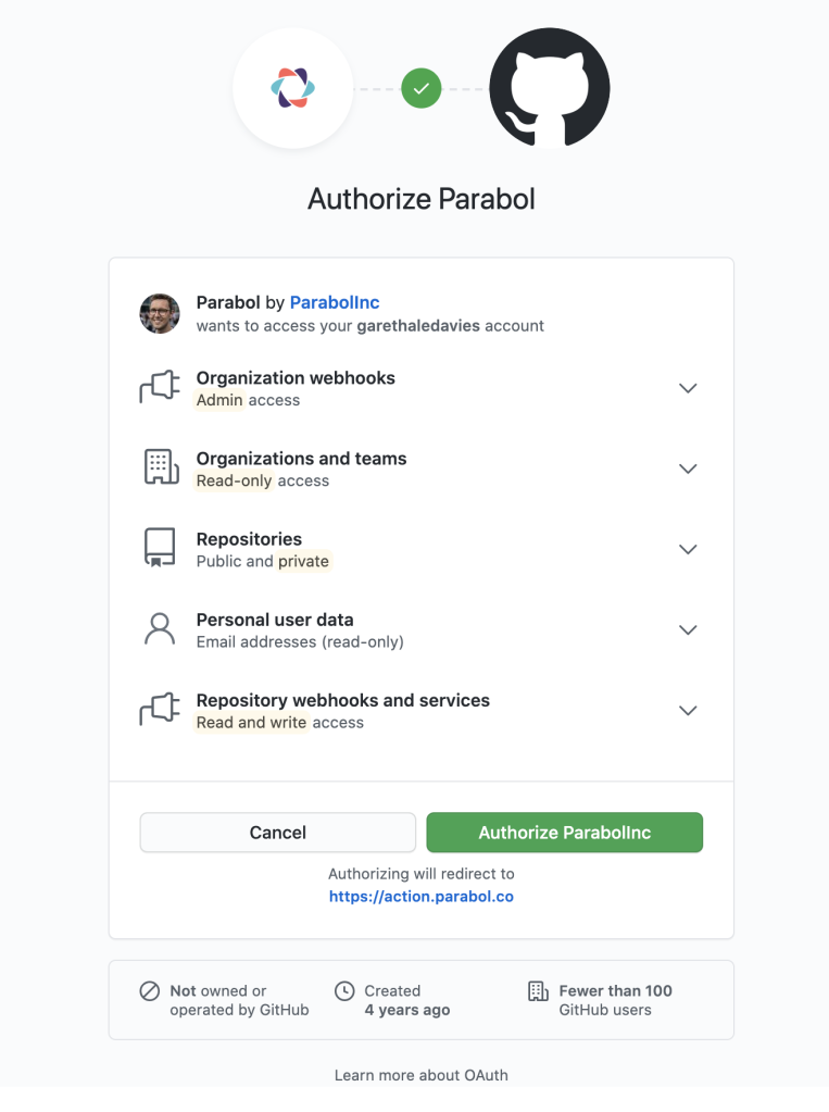 screenshot of github integration authorization