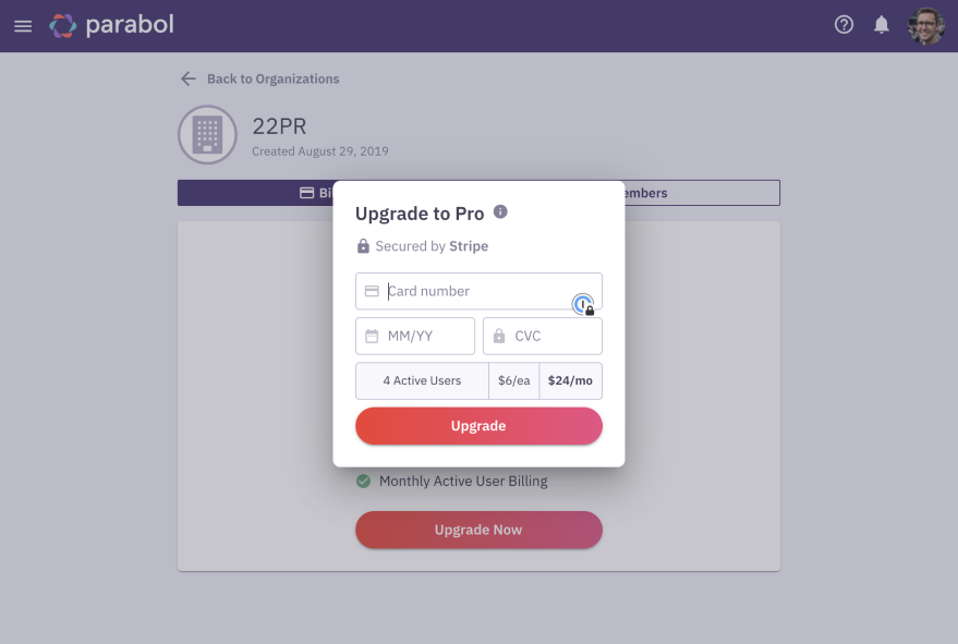 screenshot of the payment modal
