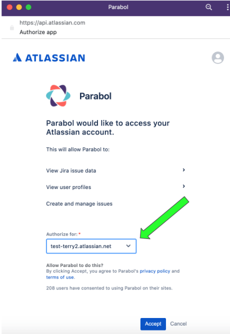 Screenshot of the Atlassian integration modal