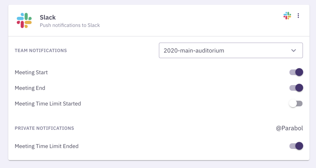 screenshot of the Slack configuration in Parabol