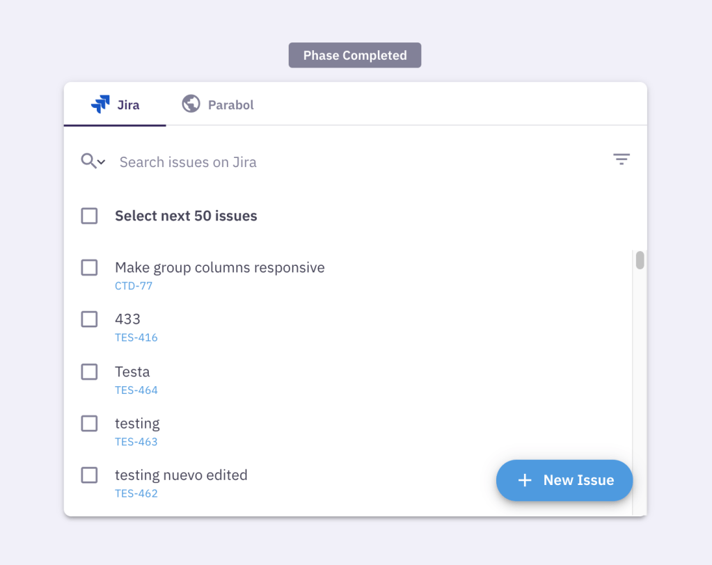 screenshot of the issue picker with tickets from Jira