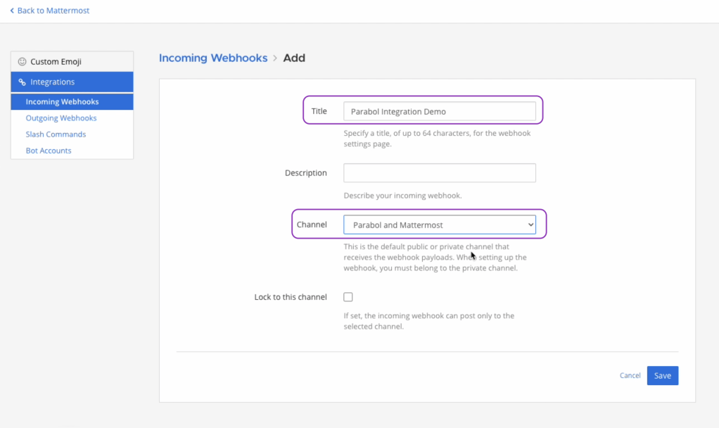 screenshot of webhook naming in mattermost