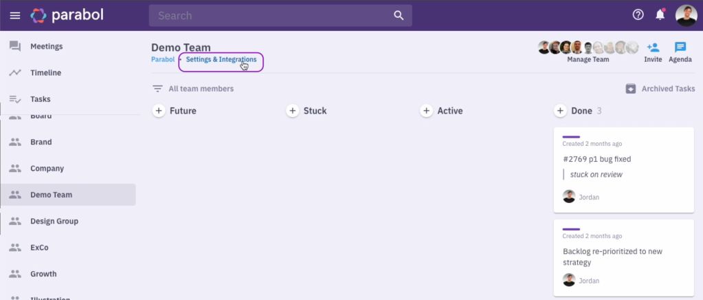 Parabol dashboard, highlighting integrations link under team name