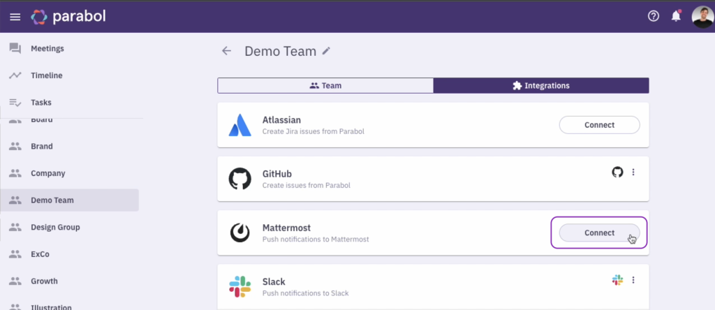 Parabol screenshot highlighting connect button beside mattermost name