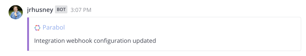 screenshot of Parabol notification in Mattermost that connection is successful