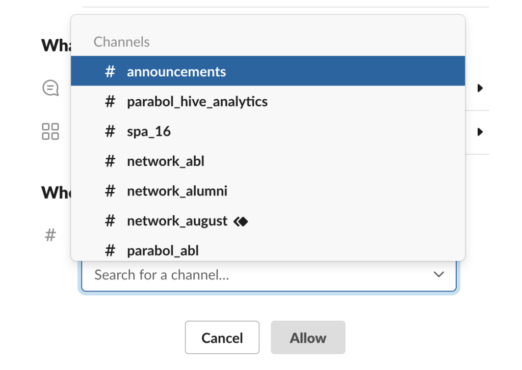 screenshot of the channel selector in Slack