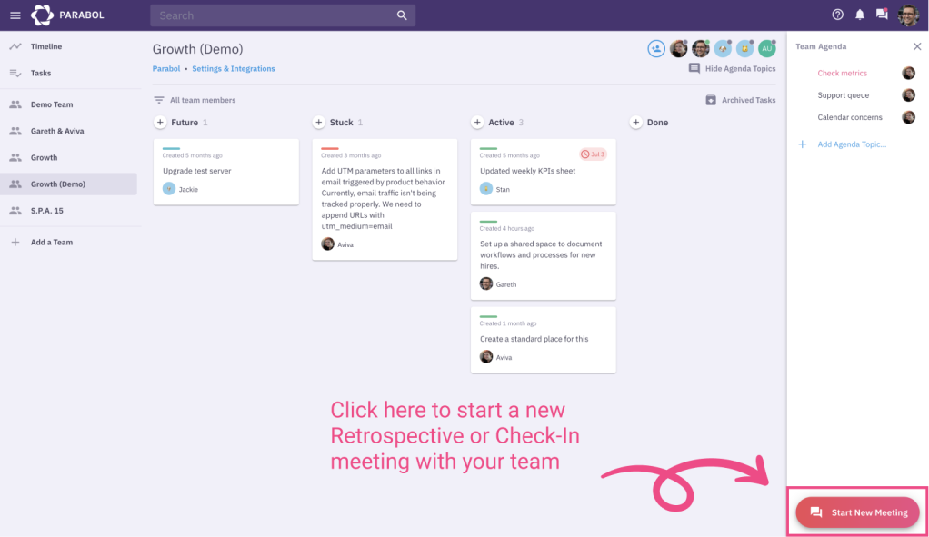 screenshot of the Parabol dashboard showcasing the "add a meeting" button on the bottom right