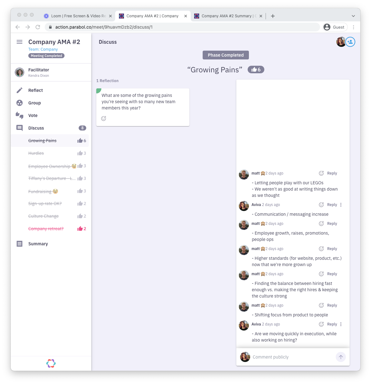 company-ama-parabol-growing-pains Parabol retrospective used for an all-company async AMA