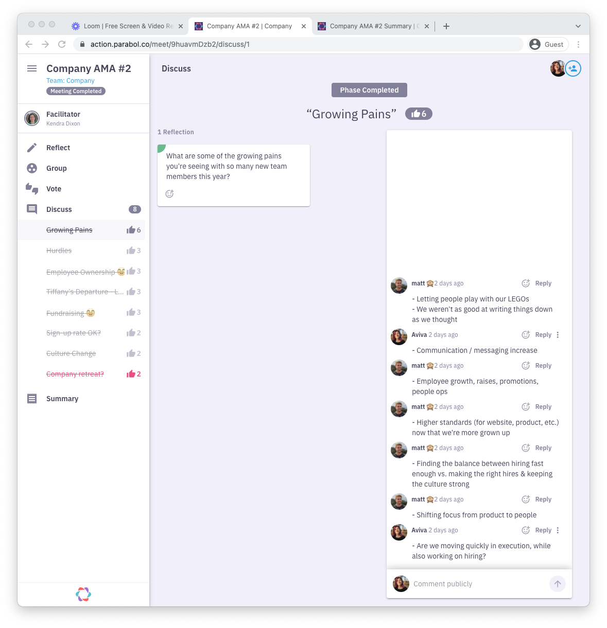 Parabol retrospective used for an all-company async AMA