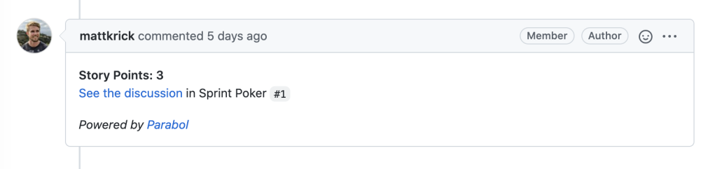 screenshot of the story points in GitHub and link back to Parabol