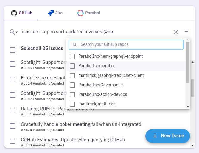 Searching for GitHub issues in a Parabol estimation meeting
