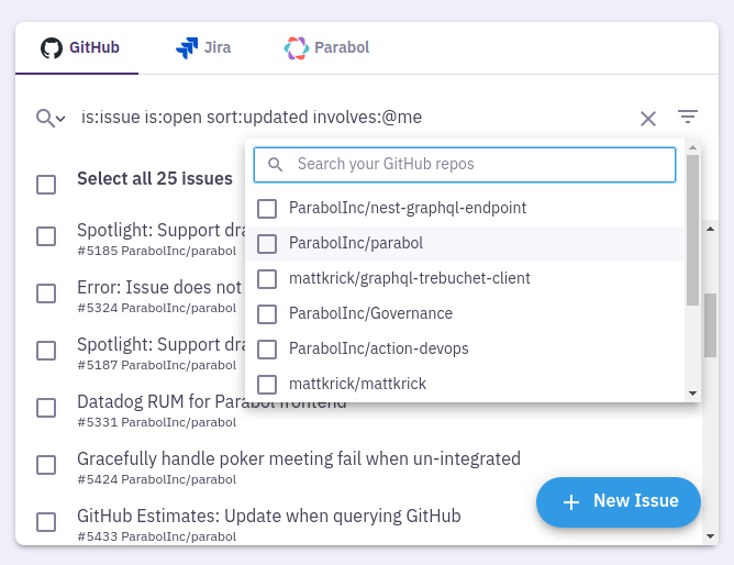 Searching for GitHub issues in a Parabol estimation meeting
