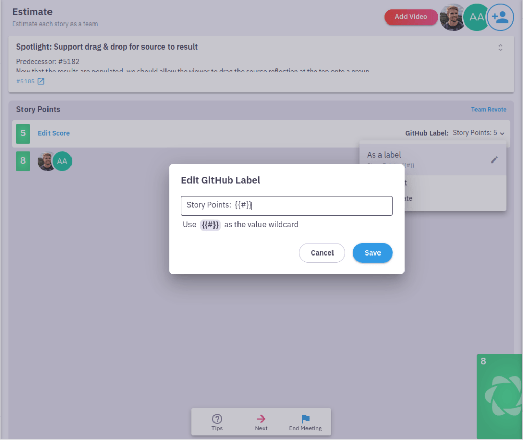screenshot of the modal to update the GitHub field for story points