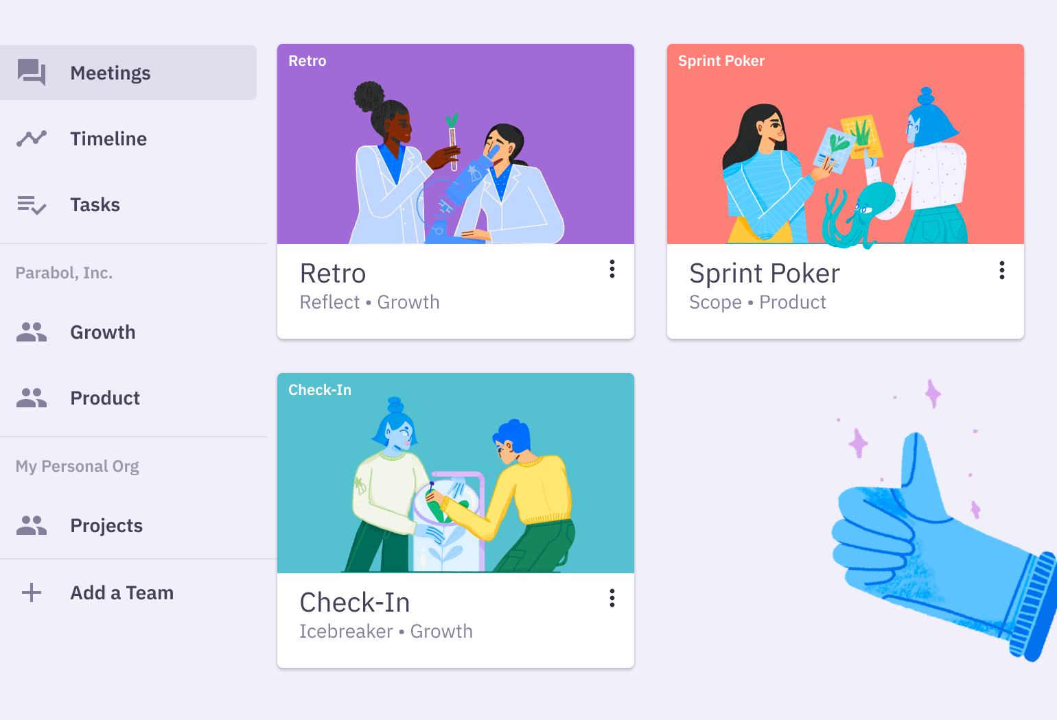 hero-pricing Parabol meeting view with 2 teams