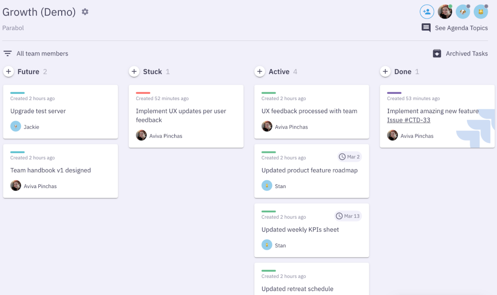 Atlassian Jira stories integrated on Parabol task board
