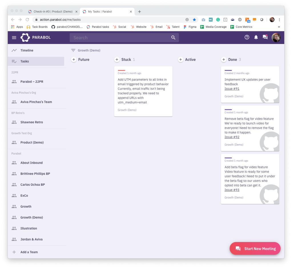 screenshot of the tasks view