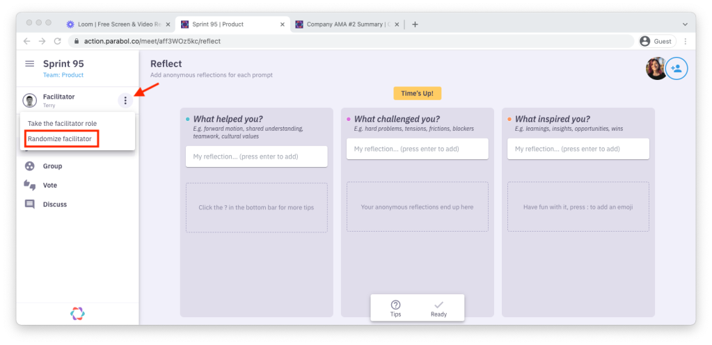 Parabol feature: randomly select new facilitator during a meeting