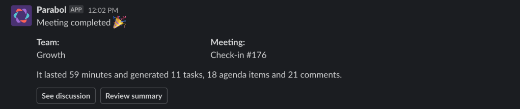 Parabol notification in Slack at the end of a meeting