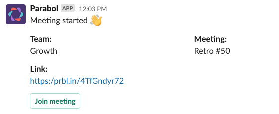 Slack notification for a meeting starting in Parabol