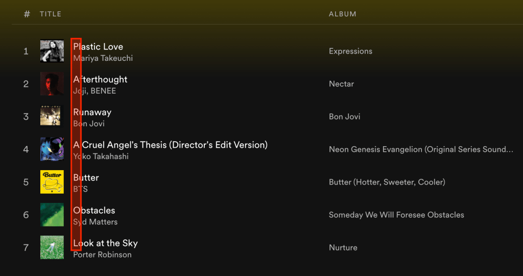 Igor's playlist from Spotify, with the first letters of the song titles highlighted in red. Together they spell PARABOL.