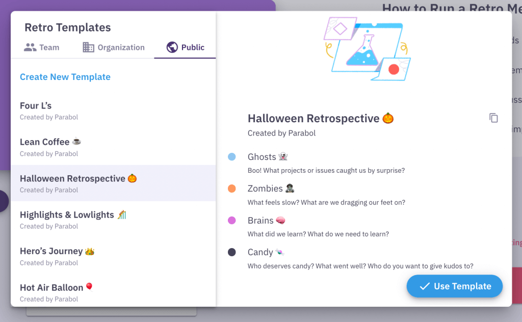 Halloween retrospective template inside the Parabol app's template picker view