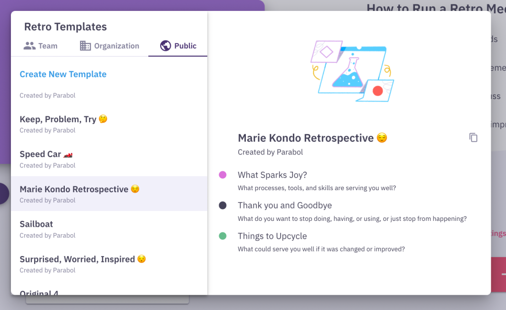 The template picker library in parabol showing the marie kondo retrospective prompts