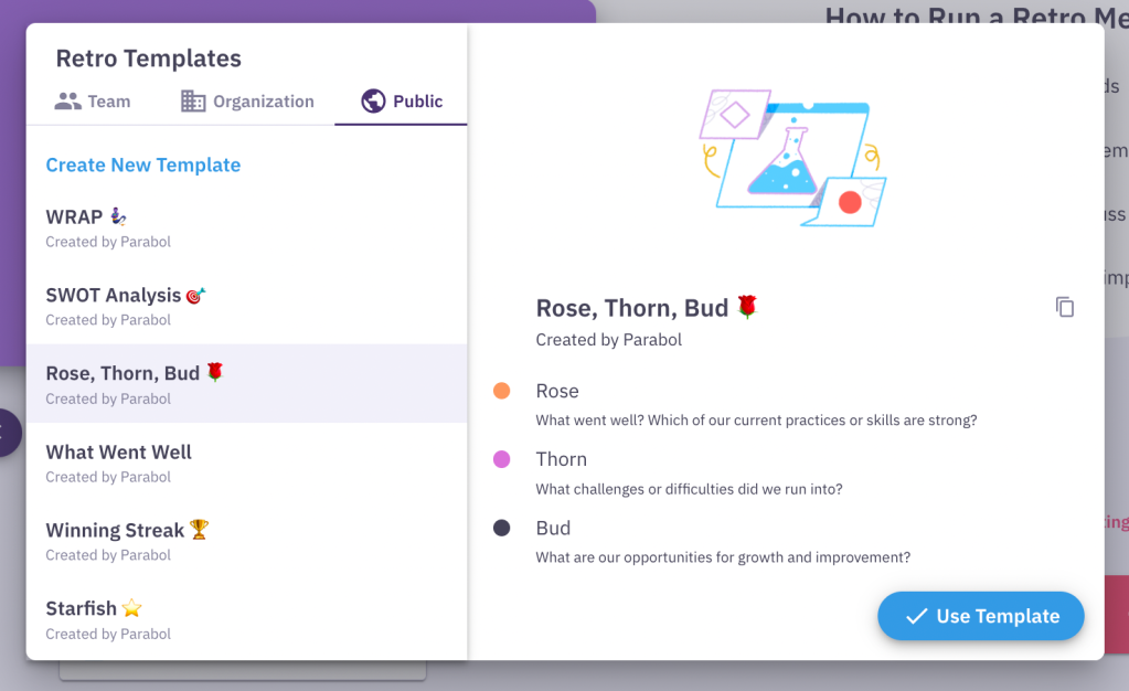 The template picker library in parabol showing the rose thorn bud prompts