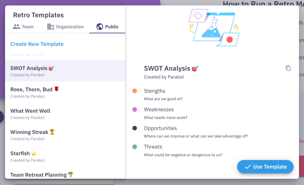 SWOT analysis retrospective template in Parabol's template picker view