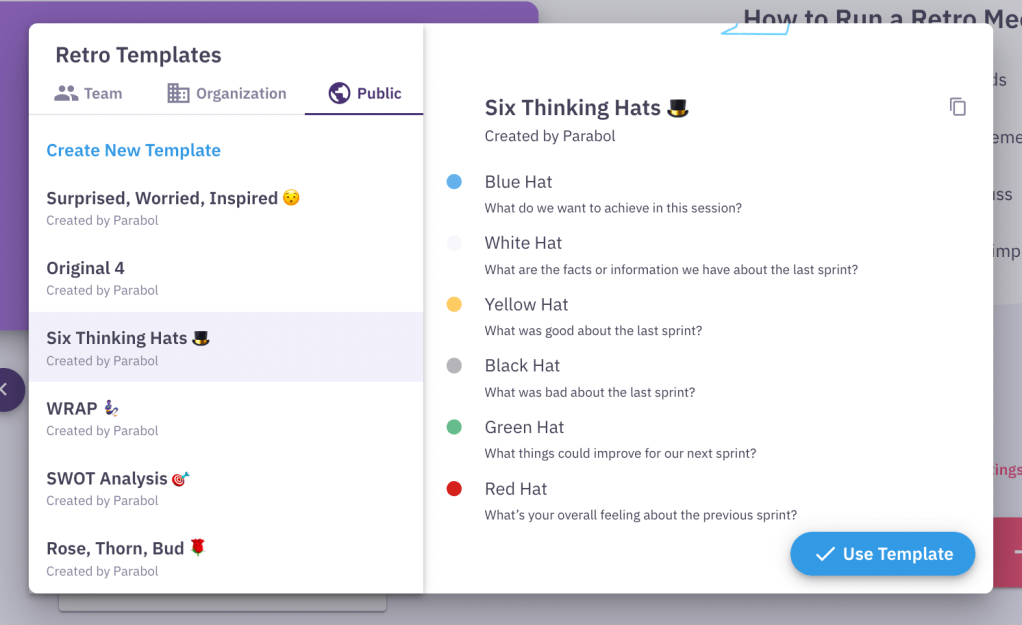 The template picker library in parabol showing the six thinking hats prompts