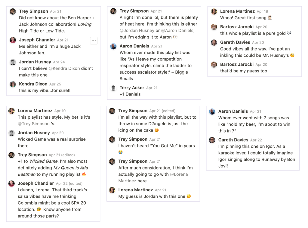 A collection of screenshots with various comments and conversations about the playlists from team members.