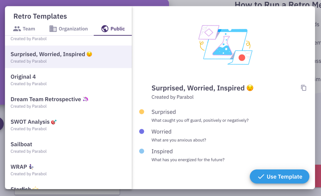 surprised worried inspired retrospective template in the parabol interface