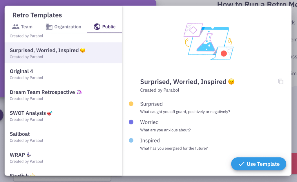 surprised worried inspired retrospective template in the parabol interface