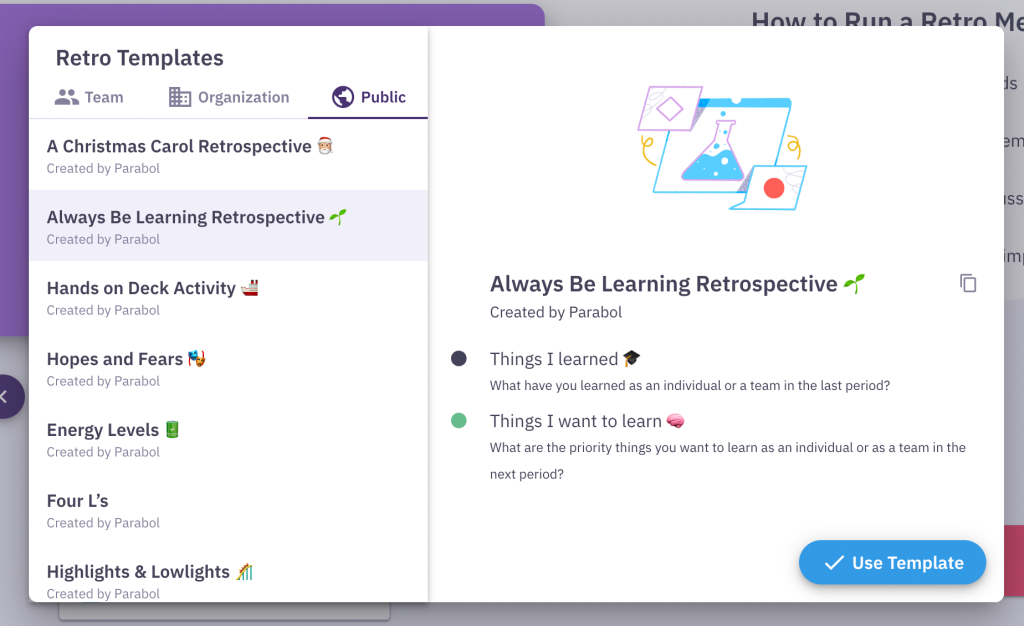 Always be learning retrospective template in Parabol