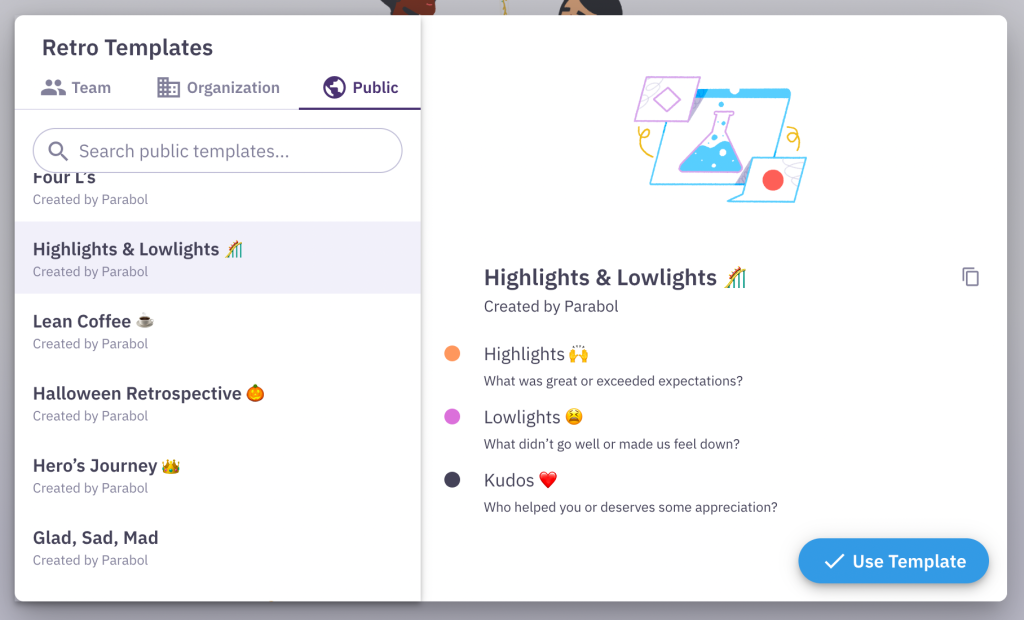 highlights and lowlights retrospective template in Parabol